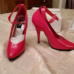 Red ankle strap 4.5 inch pumps